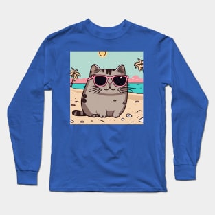 Cute cat pusheen just chilling on the beach Long Sleeve T-Shirt